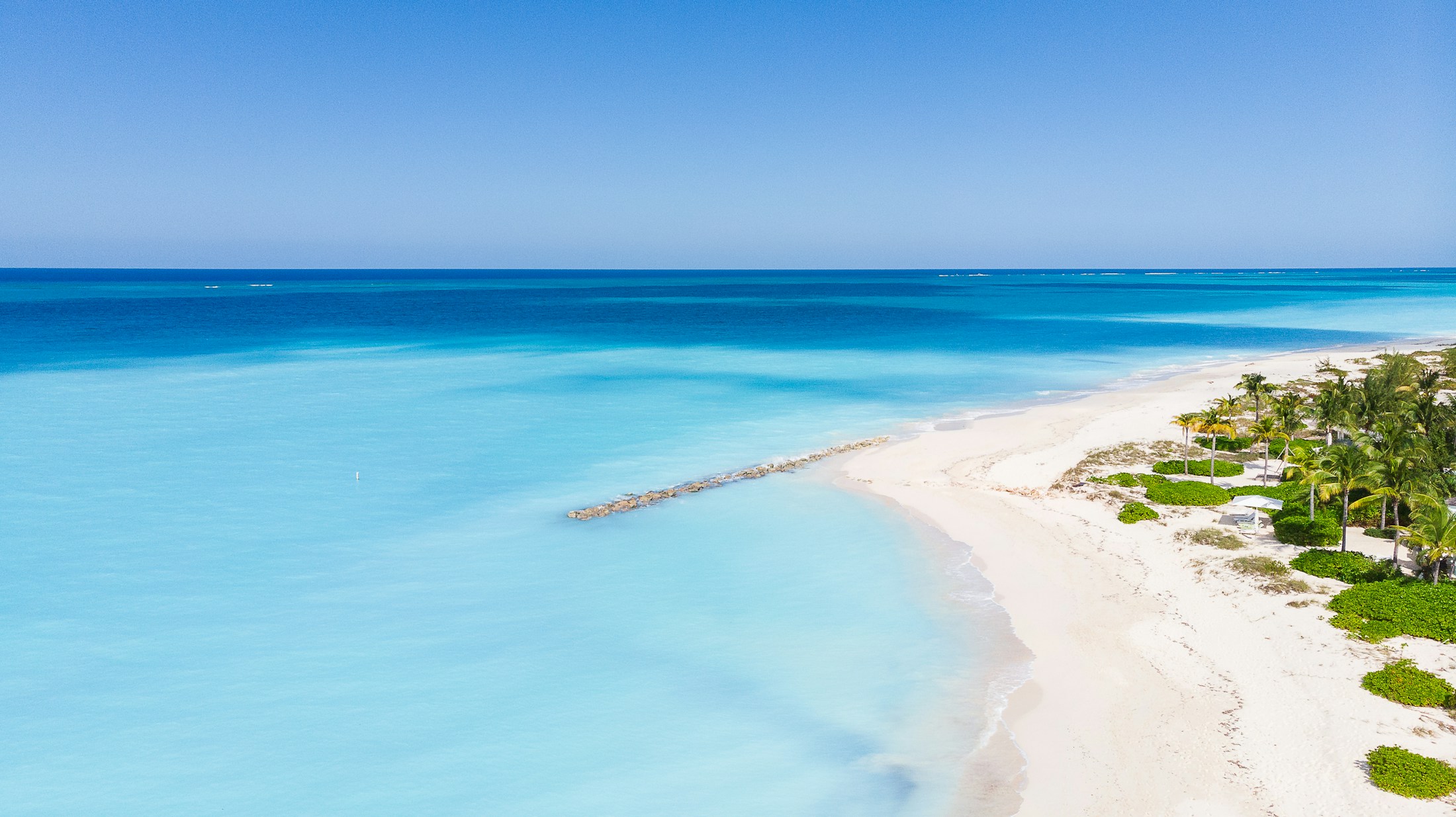 Turquoise sea and a white sand shoreline with palms in the Turks and Caicos Islands